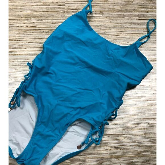 G-59  6 Shore Road Laced Detail one piece Swimsuit SCUBA TURQOUISE size L $165 - Picture 1 of 1